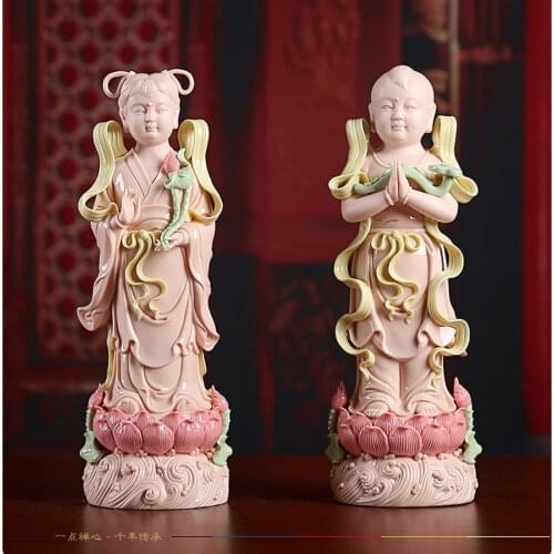 A pair Buddhism Taoism figure Guan yin Avalokitesvara JIN TONG YU NV TONG ZI buddha Asia HOME family protection FENG SHUI statue