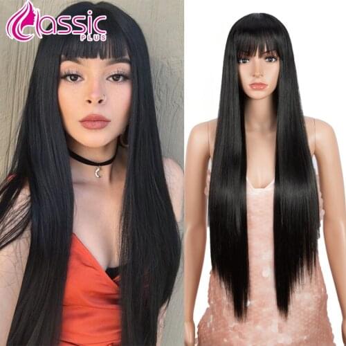 Classic Plus 32Inch Natural Long Straight Wig for Women Synthetic Wig Ombre Orange Black Blonde Cosplay Wig Heat Resistant Fiber