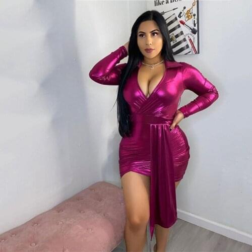 BKLD Long Sleeve V-neck Ruched Bodycon Nightclub Bandage Mini Dress 2020 Fashion Metallic Color Women Sexy Spring Autumn Clothes