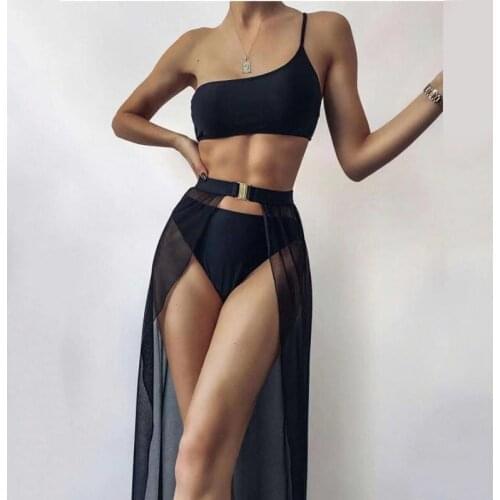 Sexy Black One Shoulder 3 Piece Bikini Set with Sarong Women Swimwear Female Swimsuit Bathing Suit Beachwear 2021 Summer Biquini