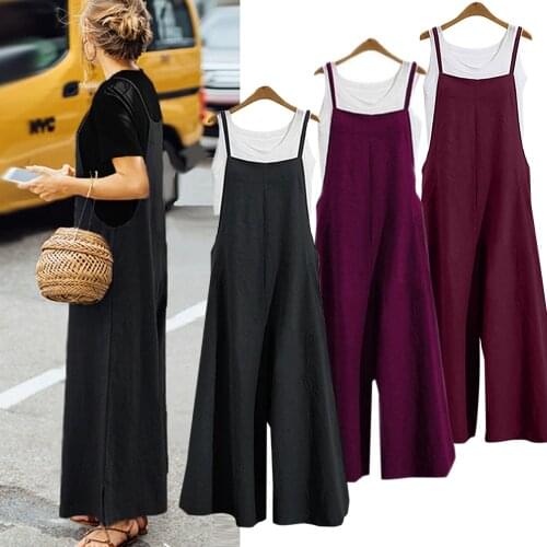 Women Casual Loose Jumpsuit Summer Solid Strap Wide Leg Pants Dungaree Bib Overalls Sleeveless Oversized Cotton Linen Jumpsuits
