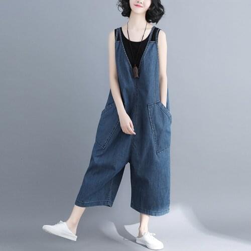 #4013 Spring Autumn V-neck Sleeveless Woman Jean Jumpsuit Solid Loose Overalls Ladise Fashion Wide Leg Big Size Jumpsuit Lady