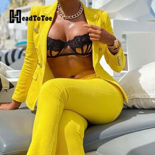 Solid Buttoned Long Sleeve Blazer Tops & Pants Set Women Casual Two Piece Set Outfits