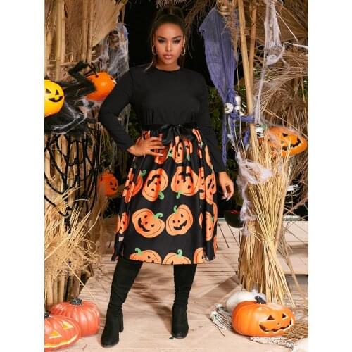 2021 dress pumpkin print long sleeve tie belt dress Halloween dress