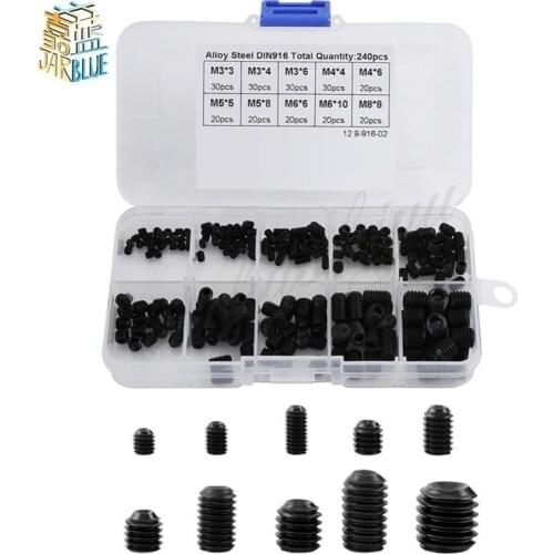240Pcs/set M3 M4 M5 M6 M8 DIN916 Hex Socket Screw Black Alloy Steel Screws Bolts Assortment Kit