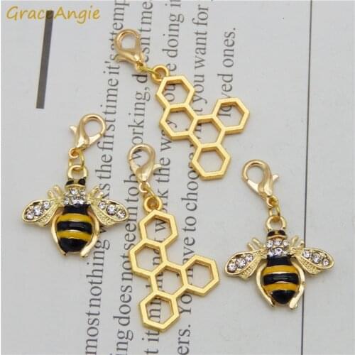4pcs/set honey comb+bee Charms +Lobster clasp Enamel Necklace Pendant Crystal Gold Animal Bracelet Handmade Keychain Earrings