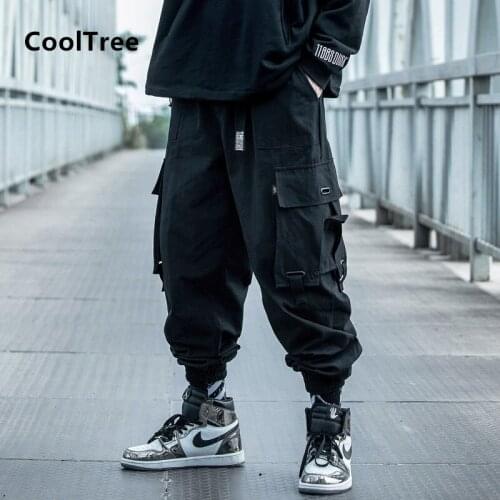 CoolTree Men Cargo Pants Spring Autumn Solid color Multi-pocket Jogger Trouser Male Harajuku Hip Hop Loose Harem Pant Streetwear