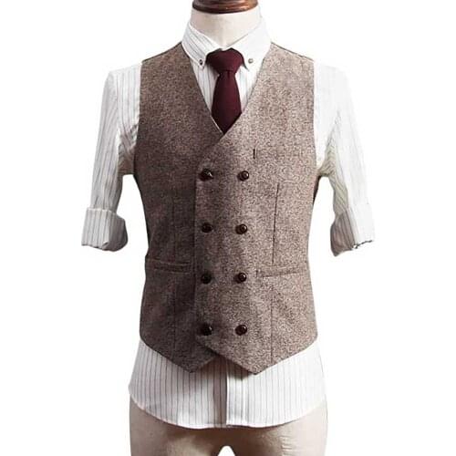 Double Breasted Korean Casual Slim Fit Mens Suit Vest British Style Retro Waistcoat Office Wedding Leisure Plus Size Clothing