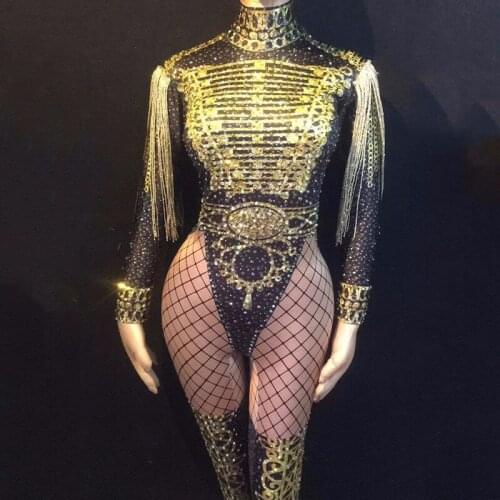 Jazz Dance Costumes For Lady Gauze Sexy Rhinestone Women Bar Dj Dancers Stage Singer Fringe Sequin leading Dancewear DJ1023