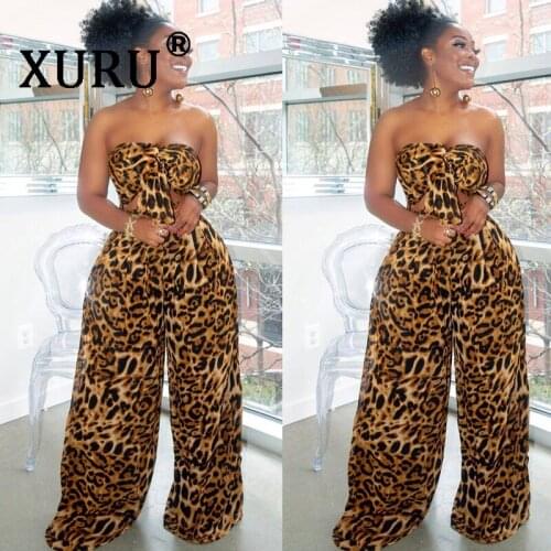 XURU summer new leopard jumpsuit womens sexy jumpsuit two-piece printed wide-leg pants suit