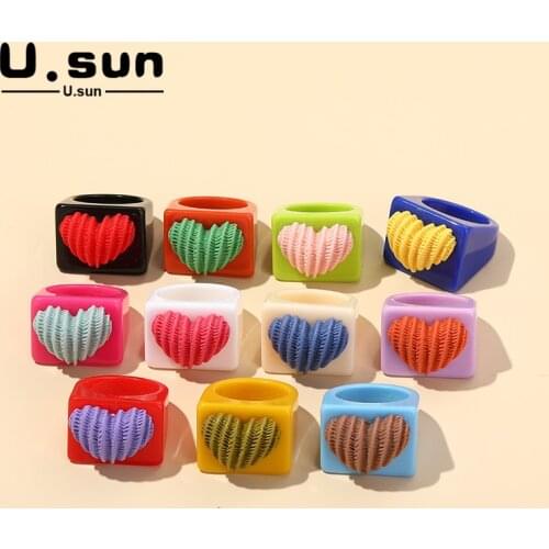 U.sun Squer Transparent Acrylic Colorful Heart Rings Set for Women Fashion Geometric Jewelry Party Ring Aestethic Goth for Girls