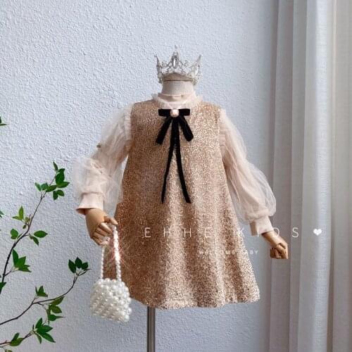 Girls sets wholesale baby girl puff sleeve top and sequin bow dress 2pcs suits wholesale