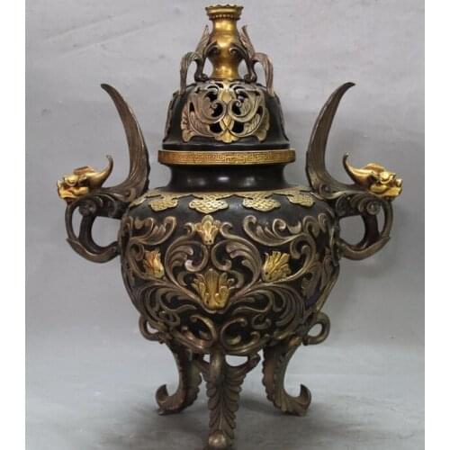Xd 002513 12" Marked China Purple Bronze 24K Gold Pure Silver Dragon Incense Burner Censer