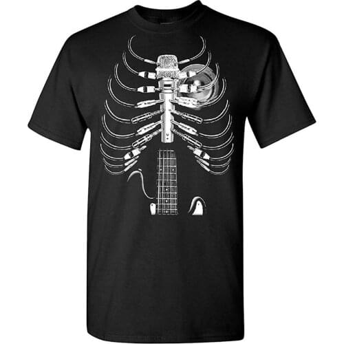 Lucky Ride Amped Up Music Guitar Shirt Guitar Amp Microphone T-Shirt Skeleton Rock Band Cotton Men Basic Tops Fitness T-Shirt