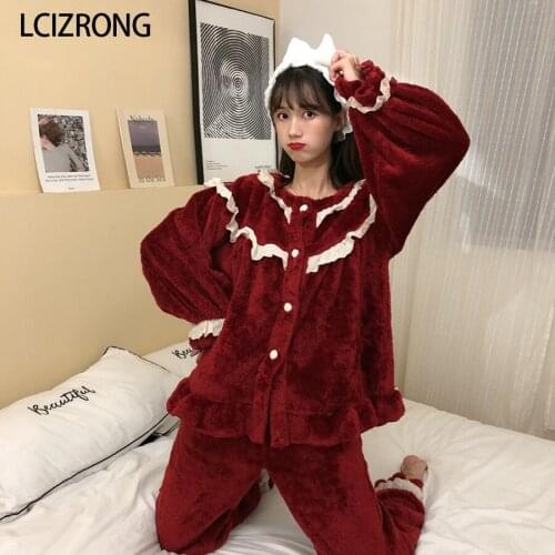 New Winter Coral Fleece Warm 2pcs Pajamas For Women Sweet Lace Ruffles Long Sleeve Nightgown Loose Thick Home Clothes