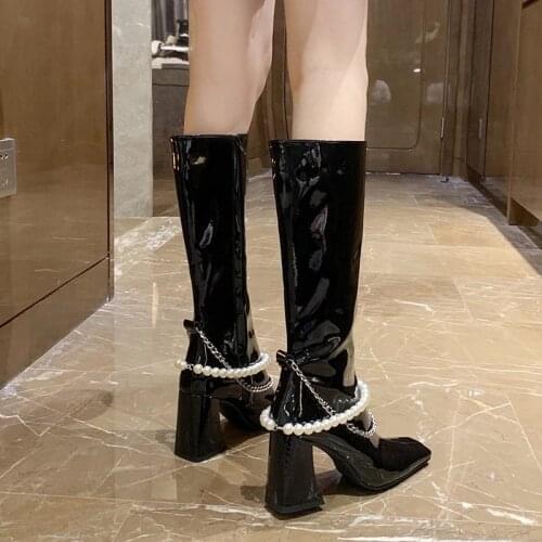 2021 autumn and winter new square toe thick heel high heels patent leather high tube Martin boots women fashion womens boots
