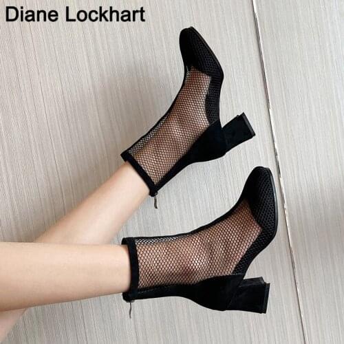 Sexy Mesh Sandals Boots Women Mesh Ankle Boot for Summer Mid Heel Square Toe Shoes Hollow Out Back Zip Black Ladies Bottes 2021