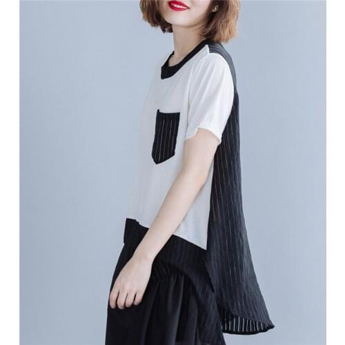 Striped t shirt women patchwork loose plus size tshirt irregular length harajuku t-shirt casual streetwear tops office ladies