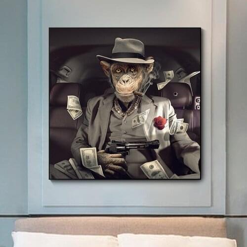 Ape Monkey Animal Poster money gun Canvas Print Abstract Artwork Art Painting Nordic Wall Picture for Living Room Decoration