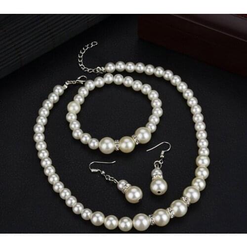 Crystal Beads Pearls Necklace Charm Bracelet Earrings Set Party Wedding Fashion Jewelry