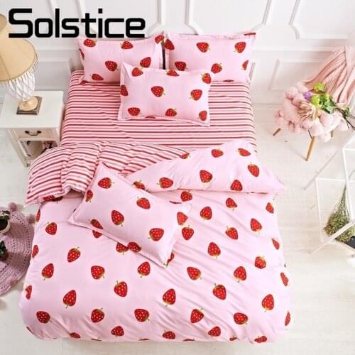 Solstice Home Textile Pink Bedding Set Girl Teen Kid Linen Strawberry Duvet Cover Pillowcase Flat Bed Sheet King Queen Full Twin