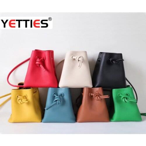 Japanese Drawstring Bucket Bag Cow leather Cowhide Women Lady Handbag Soft Shoulder Messenger Rope Knot Basket Causal Tote Retro