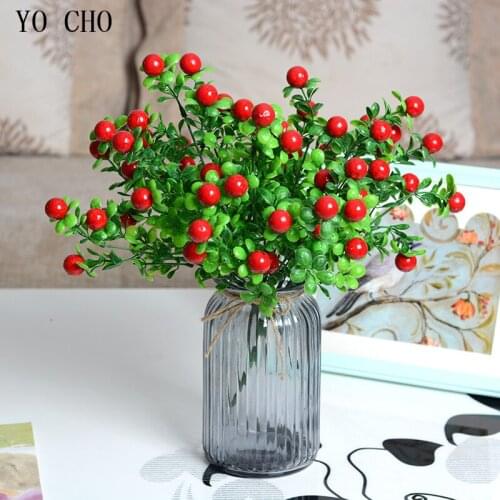 YO CHO Artificial Mini Cherry Berries Fake Pearl Flower Stamen DIY Wedding Bouquet Christmas Decoration Lucky Fruit Green Plants