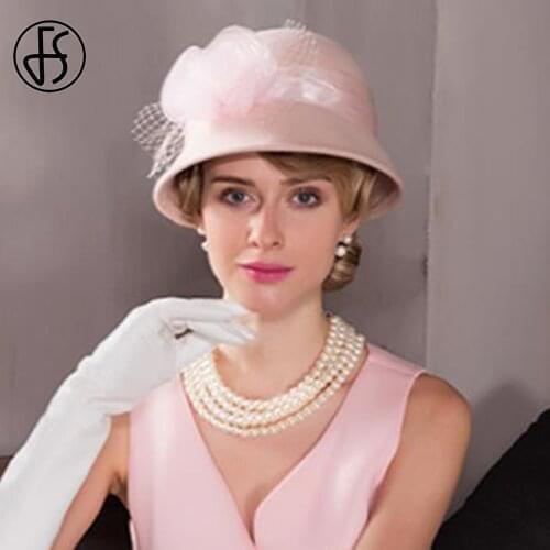 FS Pink Flower Dome 100% Australian Wool Felt Fedora Hats For Women Winter Church Cloche Derby Hat Fedoras Bowler Cap With Veils