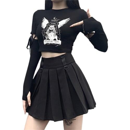 Punk Girl Shirt Crop Tops Y2k E-girl Women Anime Print T-shirt Fashion Tie-up Stitching Long Sleeve Exposed Navel Top Streetwear
