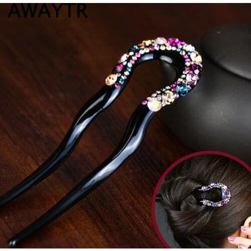 AWAYTR Fashion U-shaped Rhinestone Hairpin Hair Sticks for Women Tiara Adult Lady Retro Simple Hairclips Daily Hair Accessories