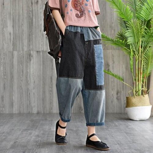 Jeans Woman 2019 Vintage Bottoms Patchwork Trousers Elastic Waist Harem Pants Pocket Destroyed Women Boyfriend Mom Jeans AA4770