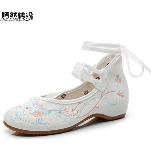 Ankle Strap Women Canvas Flats Bird Embroidered Ballet Ladies Cotton White Ballerinas Dance Shoes Vegan Muslem Shoes Woman