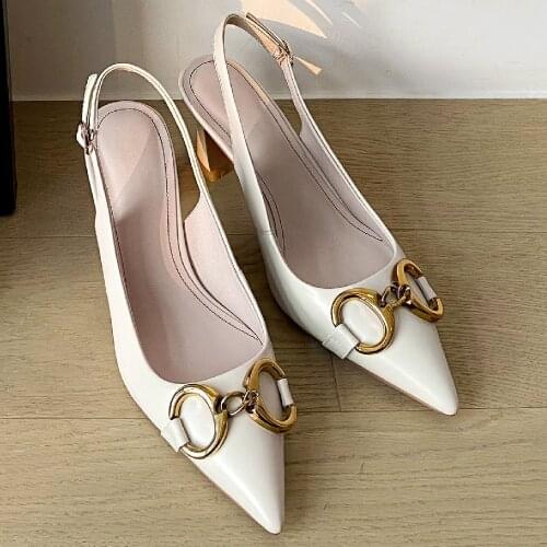 Womens genuine leather thin high heel pointed toe slip-on pumps elegant ladies OL style metal buckle evening dress heels shoes