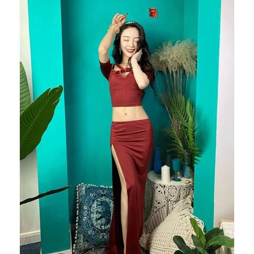 Belly Dance Female Adult Elegant Top Practice Clothes Suit Oriental Dancewear high waist Shirt Long Skirt performance Set