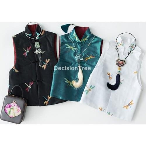 2021 national wind chinese tops women camis silk satin traditional embroidery vest women sleeveless coat oriental hanfu vest