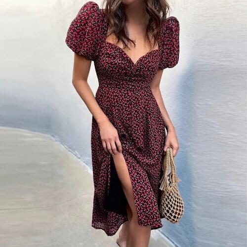 2021 Summer women sexy Deep v neck Low-cut floral Dresses Fashion Party Vestidos Slim half sleeve vintage Printed Midi Dress