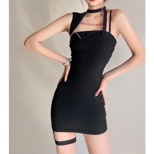 New Harajuku Gothic Black High Waist Fashion Hollow out Dress Women Summer Temperament Slim Sexy A-line Dress