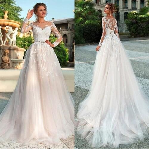 Vestido de noiva princesa 2021 Scoop Neckline Lace Wedding Dress Long Sleeve With Sashes Tulle Skirt Wedding Gowns