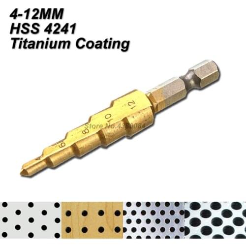 1Pc 4-12MM Titanium Coating HSS Step Drill Bit 1/4'' Hex Shank Cone Grooved Hole Cutter DIY Punching Power Tools