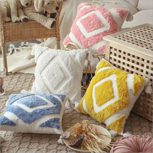 Beige Pink Yellow Tassels Handmade Embroidery Cushion Cover 45x45cm Geometric Pillow Cover Home Decor PillowCase Pillow Sham