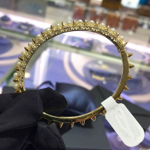 Brand 1:1Luxury Brand Bangle High Quality Punk Rock Yellow Gold Color Spike Rivet Bracelet Pearls Cubic Zirconia Women Jewelry