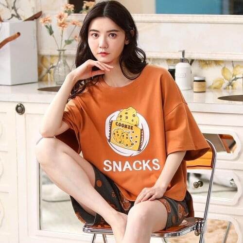 BZEL Summer Orange Womens Pajamas Set Cartoon Cotton Sleepwear Femme Casual Home Suit Large Size Pijamas Loose Pyjamas Hot Sale