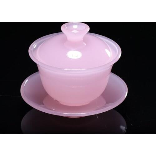 Hibiscus Jade Porcelain Cover Bowl Three Talent Tea Bowl Small Lady Pink White Porcelain Glass Jade Transparent Kung Fu Tea Set