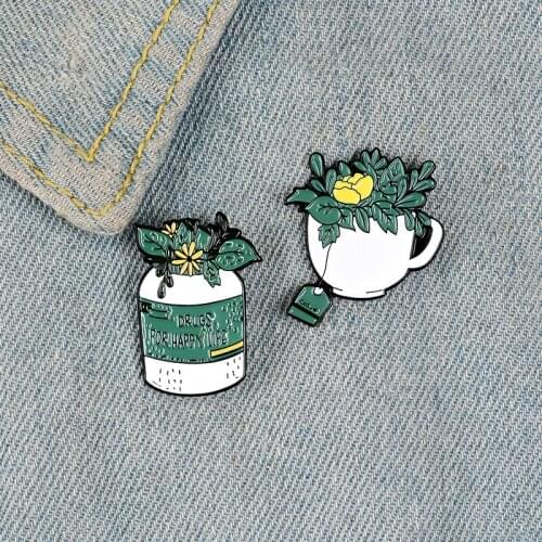 Fashion Drugs for Happy Life Enamel Pins Custom Plant Flowers Coffee Brooches Fresh Green Badge Fashion Jewelry Gift for Friends