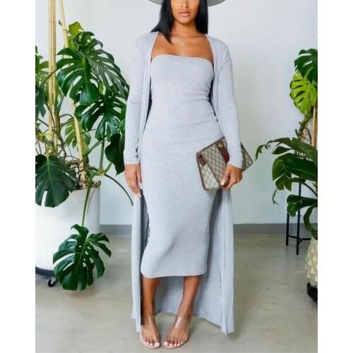 2021 New Autumn Fashion Suit Women Solid Tube Bodycon Dress With Longline Coat Two Piece Set Casual Daily Outfits