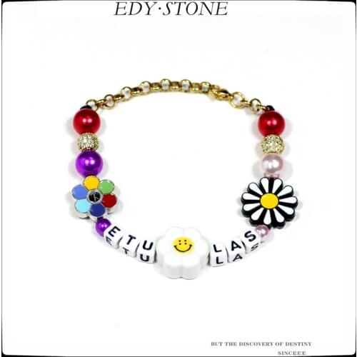 EDY 21SS New Hip Hop Punk SALUTE Personality Bracelet Fashion Wild Daisy Pearl Smiley Bracelet For Men Women Girls Jewelry