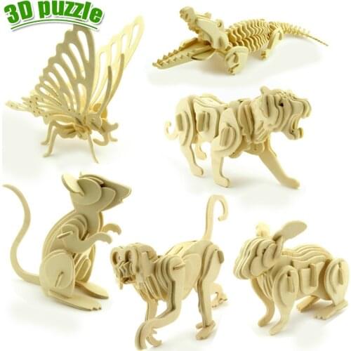 1 pcs educational puzzles dinosaur animals three-dimensional model assembled wooden puzzle toy 3D DIY for baby child wooden toys