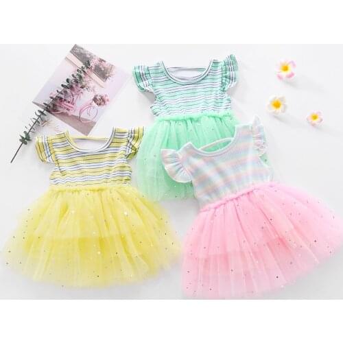 0-4Y Summer Kids Baby Girls Striped Dress Ruffles Sleeve Rainbow Striped Lace Tutu Mini Dress 3 Colors
