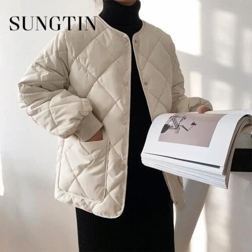 Sungtin Fashion Winter Thicken Warm Argyle Parkas Women Oversized Vintage Padded Loose Female Jackets Winter Solid Elegant Coats