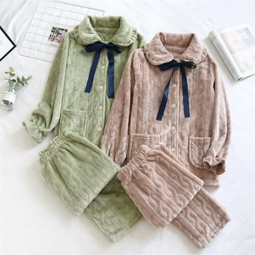 Coral Fleece Pajamas Suit Womens Autumn And Winter Thickened Flannel Velvet Warm Long-Sleeved Home Wear Set Sleepwear For Girl